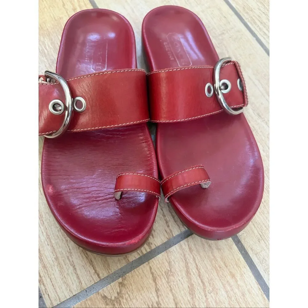 Coach Skylar Slide Sandals Red Leather Toe Ring Silver Buckle Italy Size 6